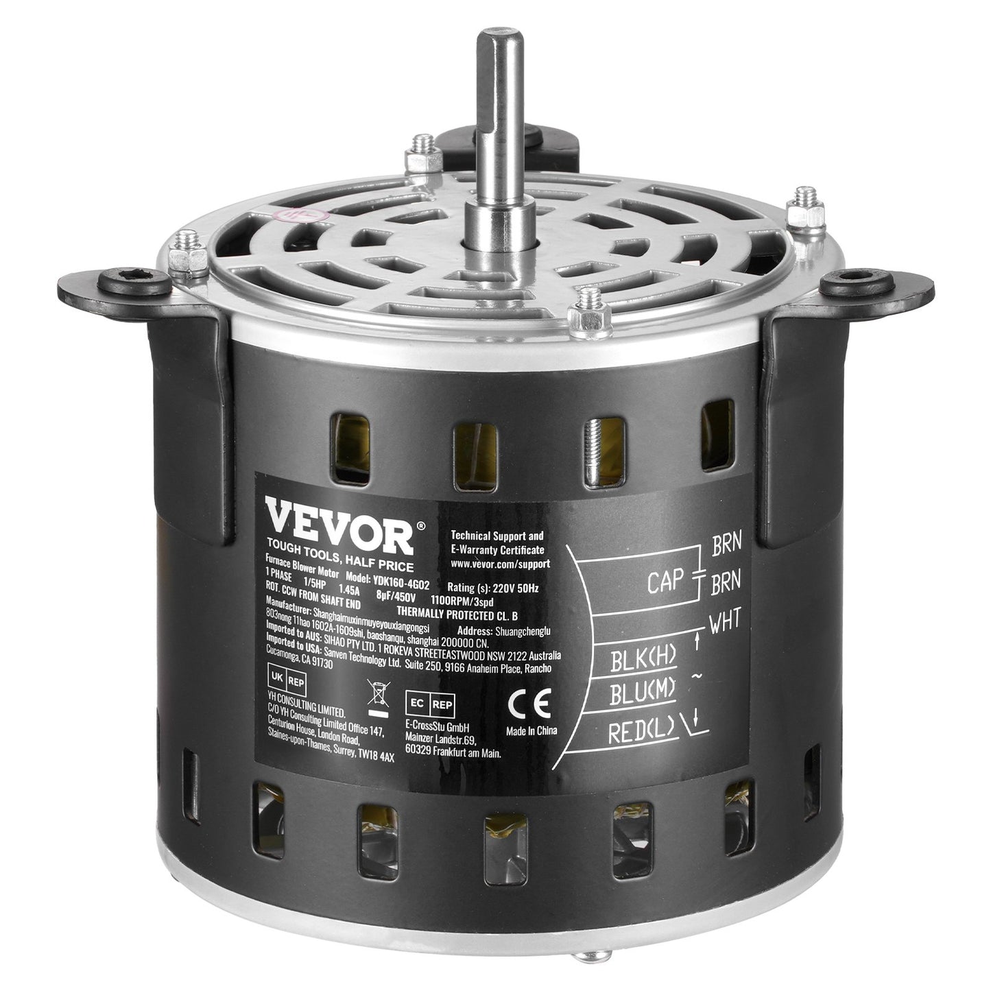 1/5HP Oven Fan Motor 220V 1.45A 1100RPM 3-speed 8μF/450V capacitor