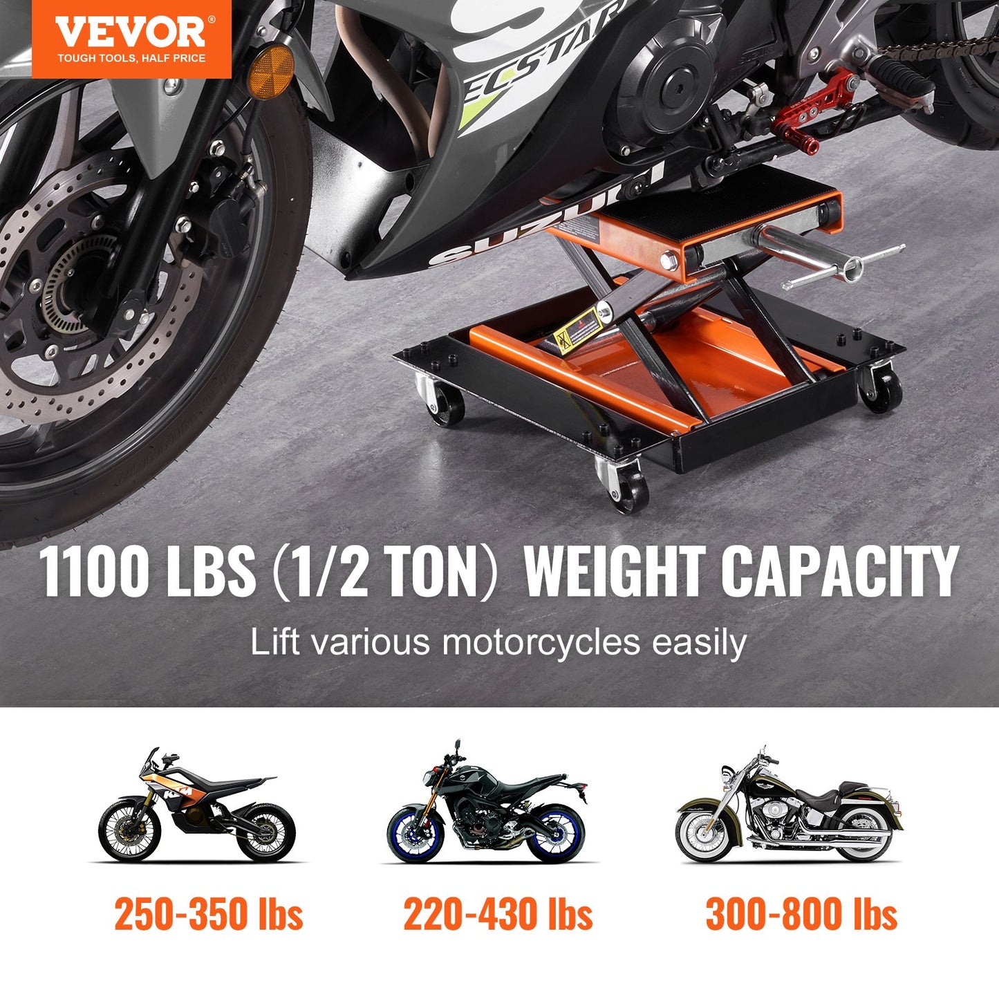 Motorcykellift ATV Scissor Jack Dolly 1100 lbs Wide Deck & Hand Crank