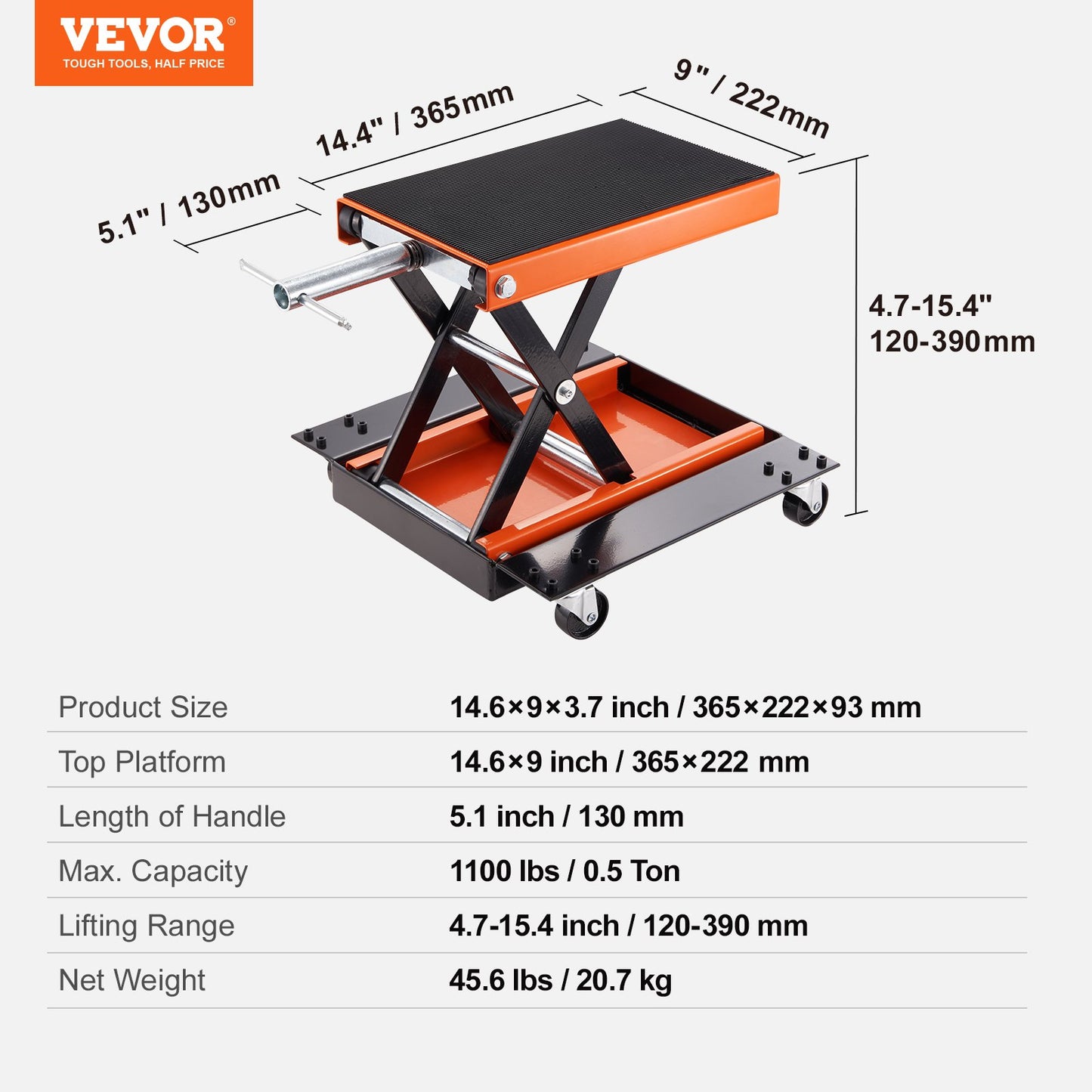 Motorcykellift ATV Scissor Jack Dolly 1100 lbs Wide Deck & Hand Crank