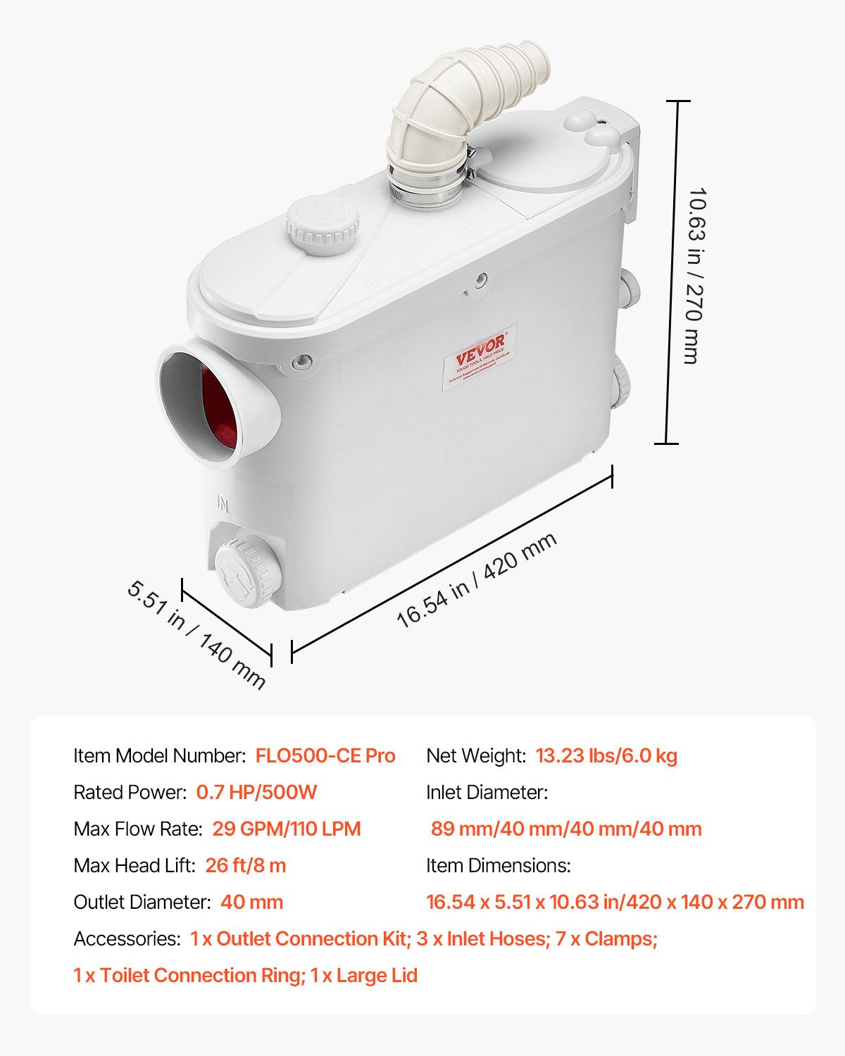 Macerator pump, 500W, 6600 L/h flow, 26.2 ft/8 m head, Macerator sewage pump with 3 water inlets for toilet, basement, kitchen, sink, shower, bathtub.