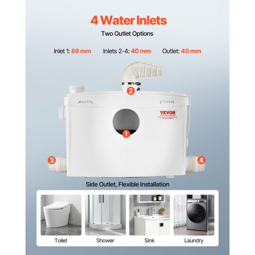 Maceratorpump 1200W 48 GPM Flöde 33 fot Höjdlyft för toalett, källarhandfat | EU