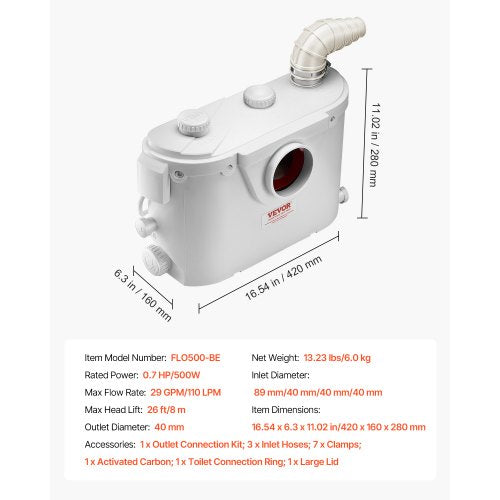Maceratorpump 500W 29 GPM Flöde 26 ft Höjdlyft för toalett/källarhandfat | EU
