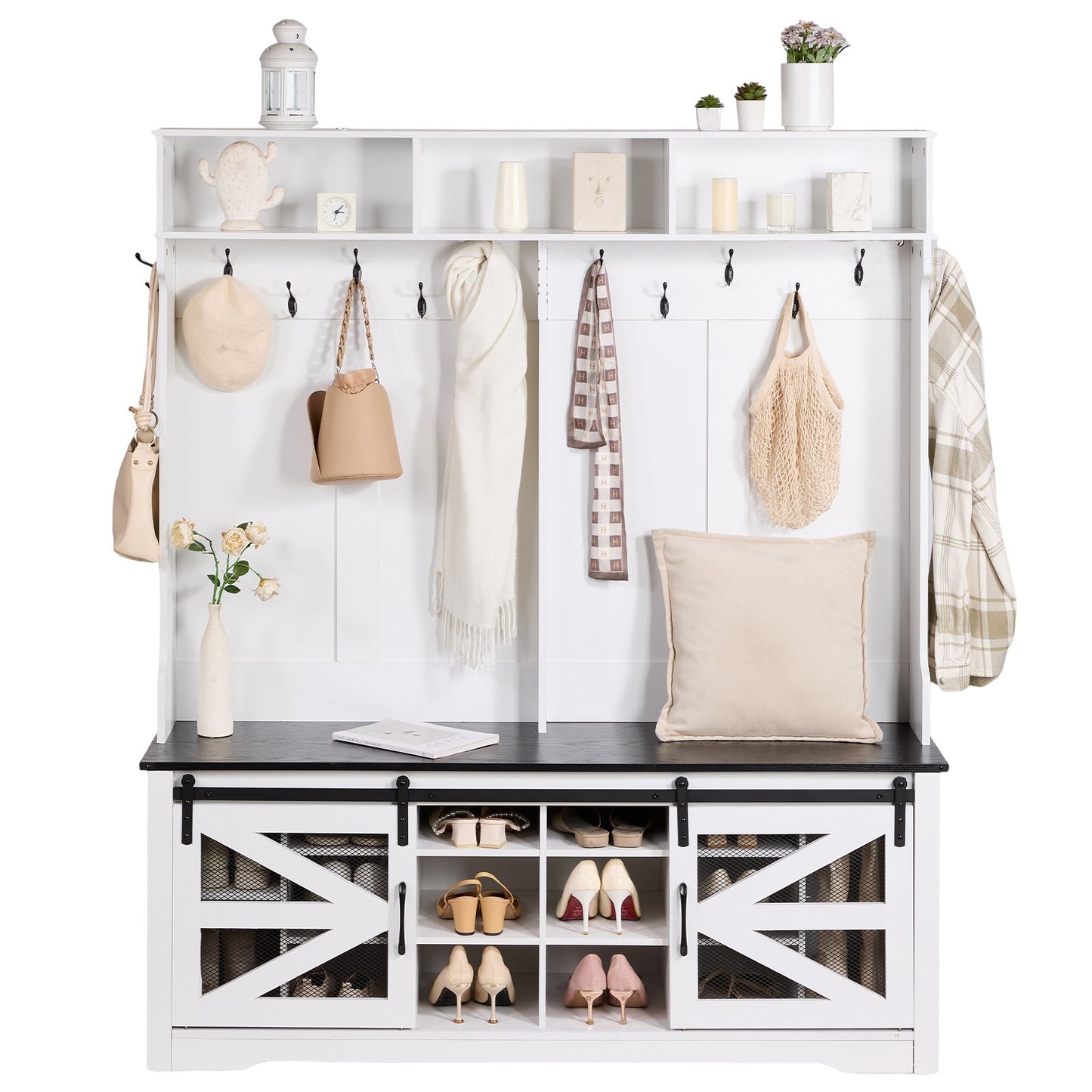 Hallway tree Wooden hallway tree with bench 12 hooks for entrance and hallway