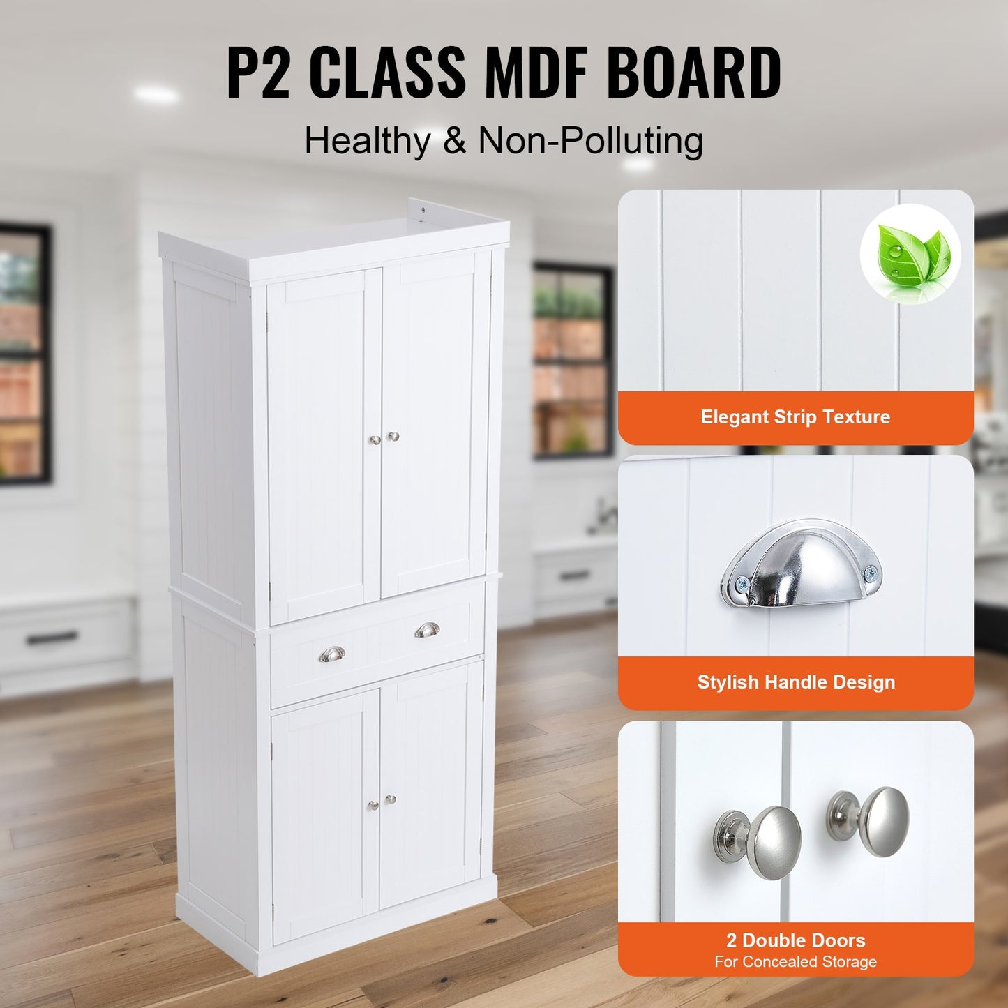 72-Zoll-Küchen-Vorratsschrank, freistehender Allzweckschrank mit Türen, Schublade und 3 verstellbaren Regalen, Speisekammer mit hohem Lebensmittelbuffet für Küche, Wohnzimmer, Esszimmer, Waschküche, weiß