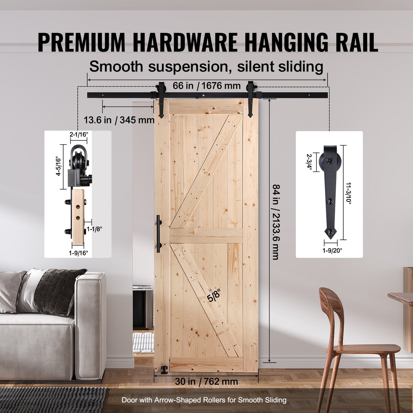 Scheunentor und Hardware-Kit 30" x 84" Holz-Schiebetür-Kit glatt