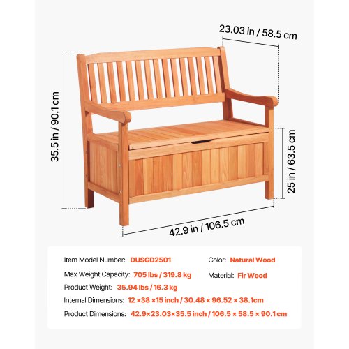 Wooden bench for 2 people, Waterproof wooden storage box, 137 liter veranda | EU