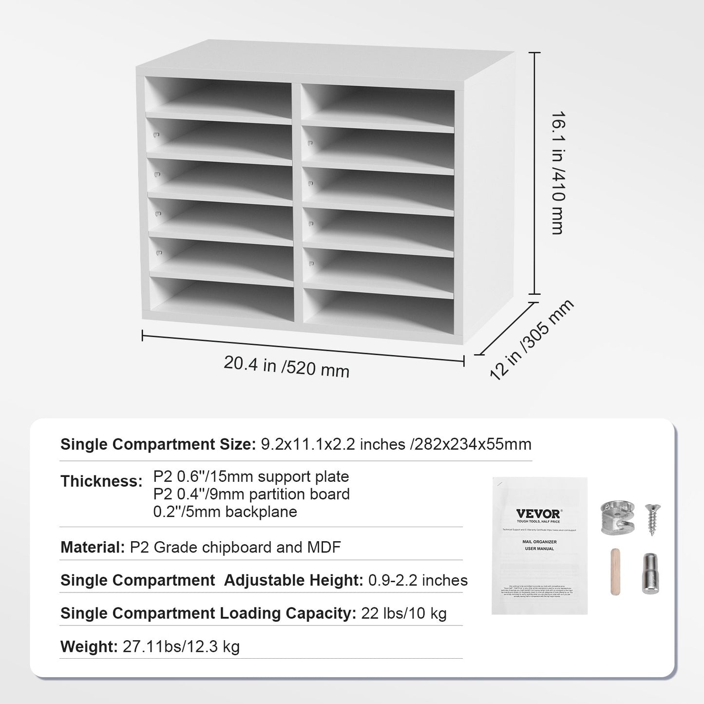 Literature Organizers, 12 Compartment Office Mailbox with Adjustable Shelves, Wooden Literature Sorter 20.4x12x16.1 Inch for Office, Home, Classroom, Mailroom Organization, EPA Certified White