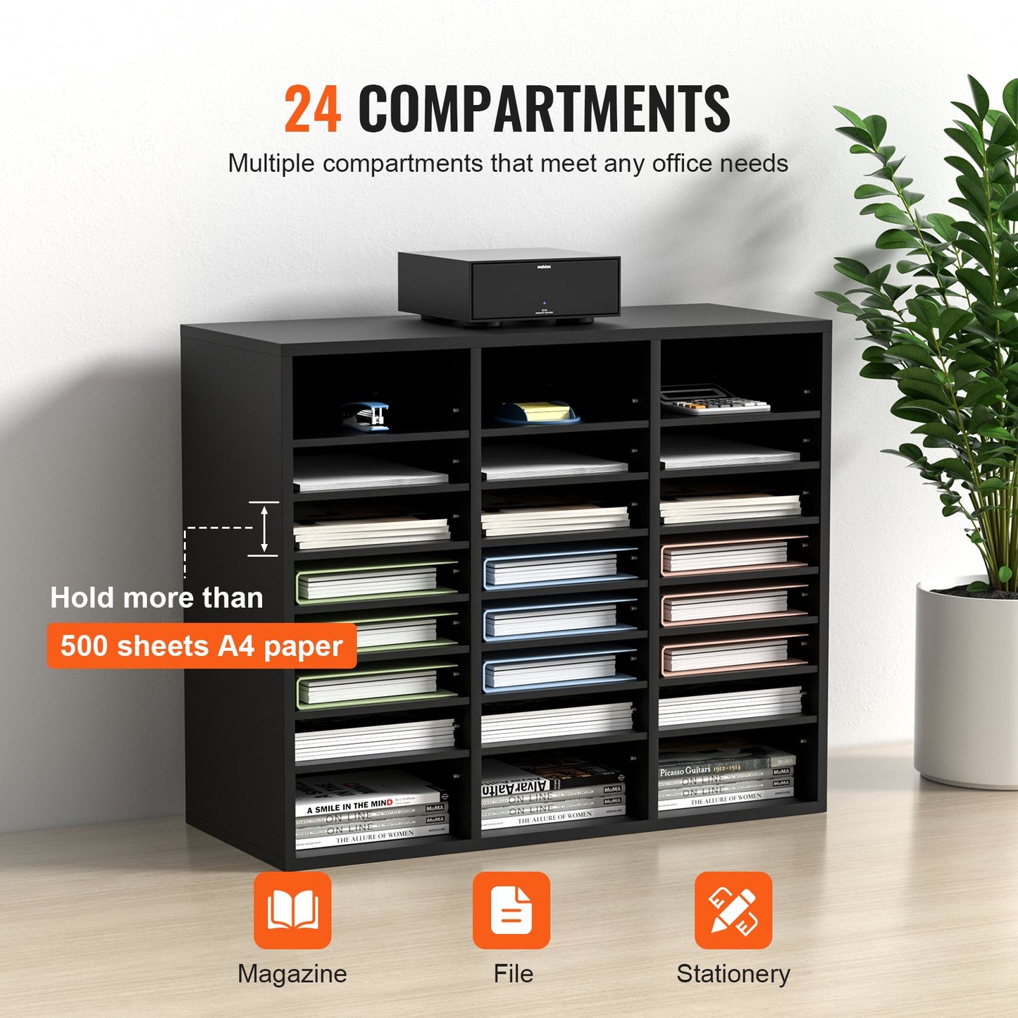 Wood Literature Organizer, 24 Compartments, File Sorter with Removable Shelves, Mailboxes for Office Home Classroom Mailroom Organization, EPA Certified, Black