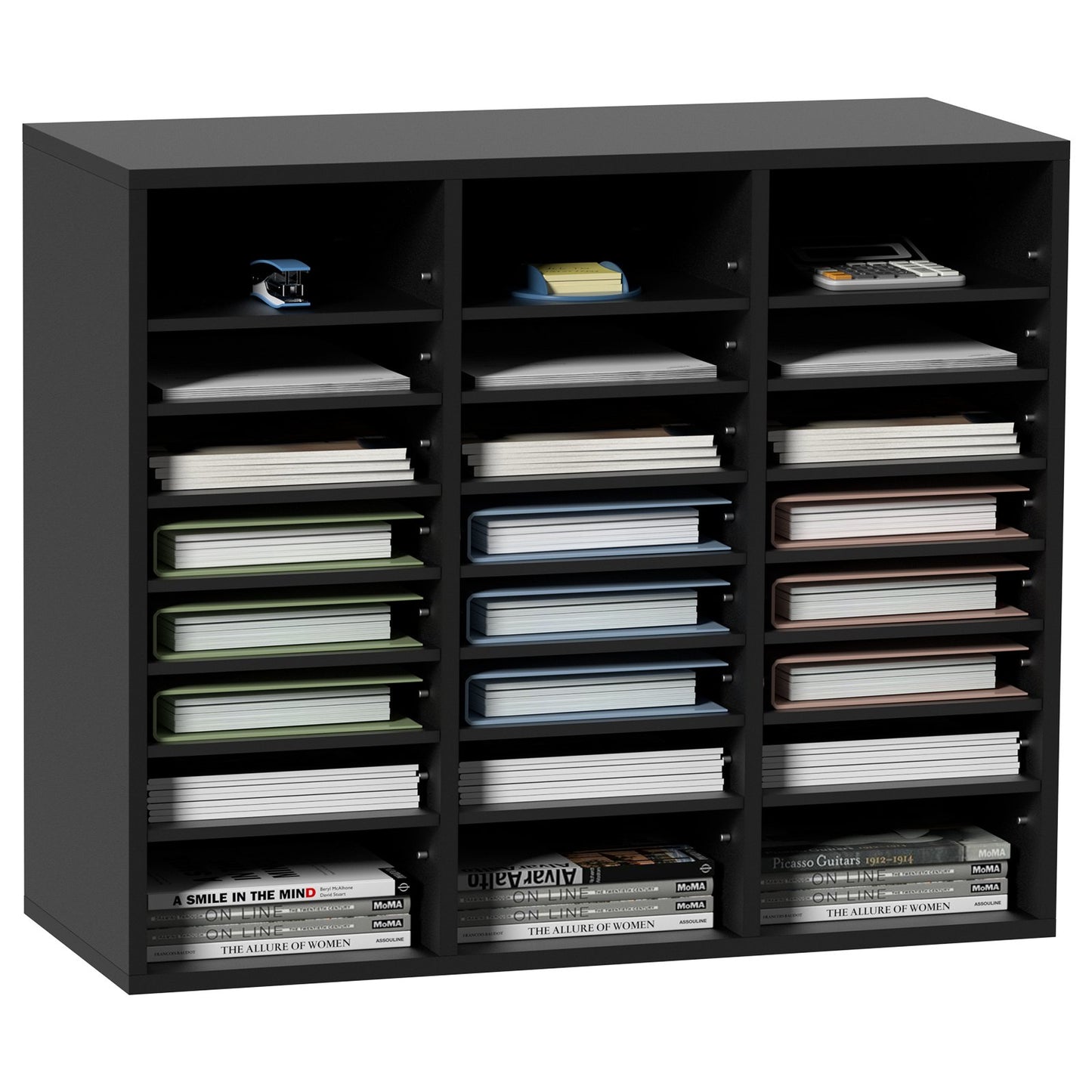 Wood Literature Organizer, 24 Compartments, File Sorter with Removable Shelves, Mailboxes for Office Home Classroom Mailroom Organization, EPA Certified, Black