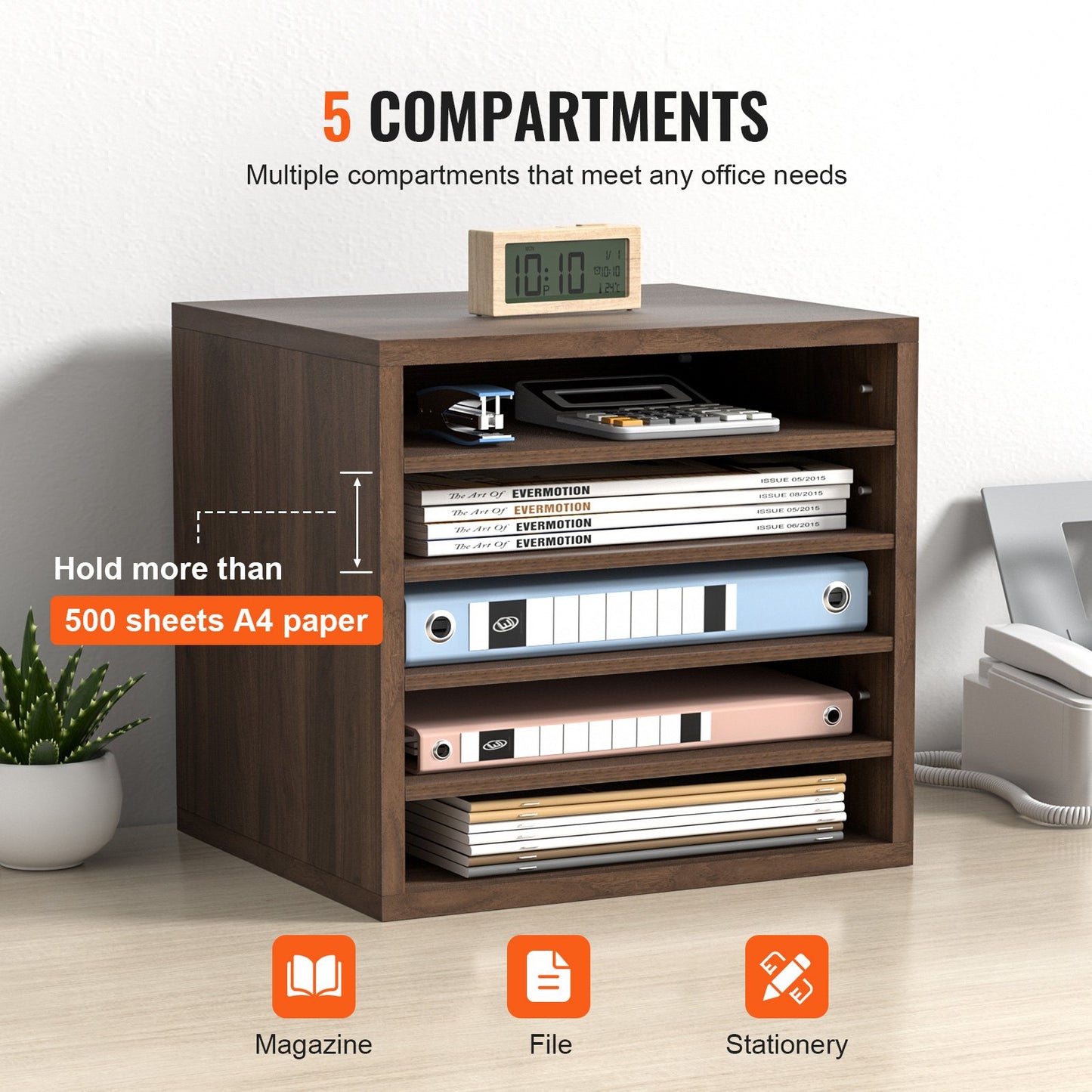 Literature Organizers, 5 Compartment Office Mailbox with Adjustable Shelves, Wooden Literature Sorter 13.9x12x13 Inch for Office, Home, Classroom, Mailroom Organization, EPA Certified, Brown