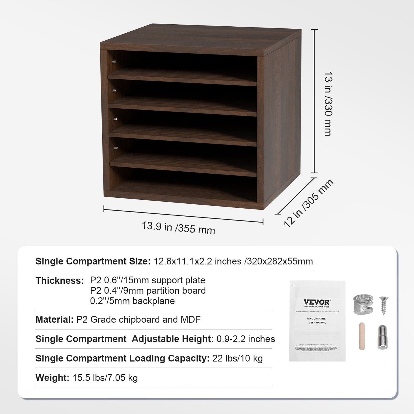 Literature Organizers, 5 Compartment Office Mailbox with Adjustable Shelves, Wooden Literature Sorter 13.9x12x13 Inch for Office, Home, Classroom, Mailroom Organization, EPA Certified, Brown