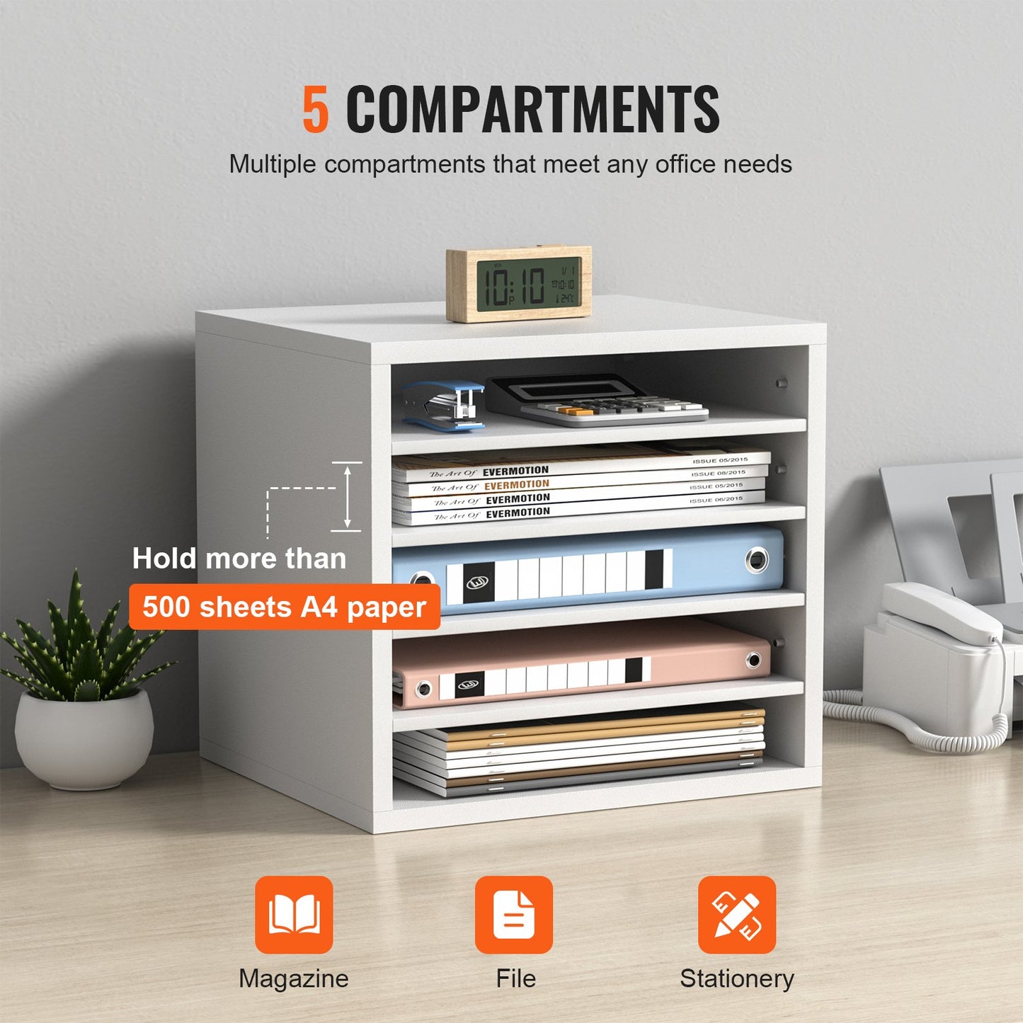 Literature Organizers, 5 Compartment Office Mailbox with Adjustable Shelves, Wooden Literature Sorter 13.9x12x13 Inch for Office, Home, Classroom, Mailroom Organization, EPA Certified, White