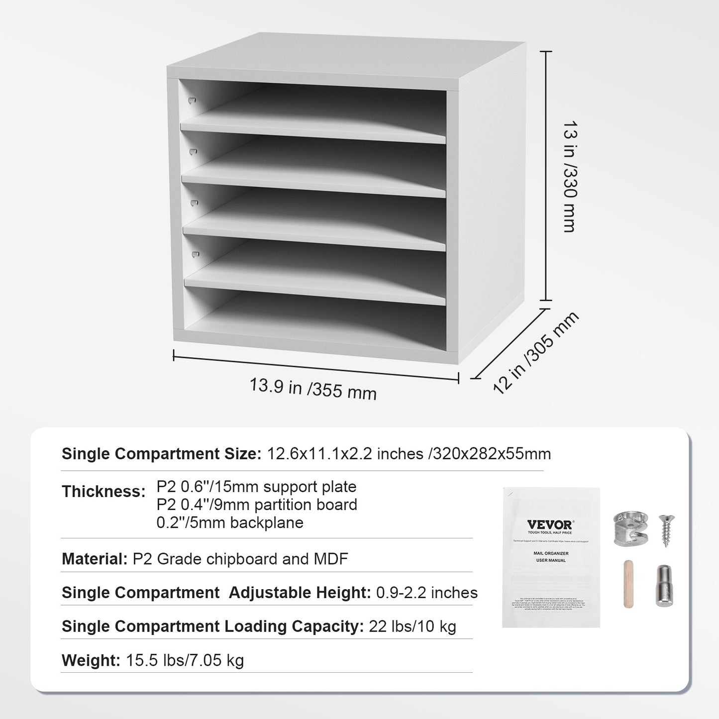 Literature Organizers, 5 Compartment Office Mailbox with Adjustable Shelves, Wooden Literature Sorter 13.9x12x13 Inch for Office, Home, Classroom, Mailroom Organization, EPA Certified, White