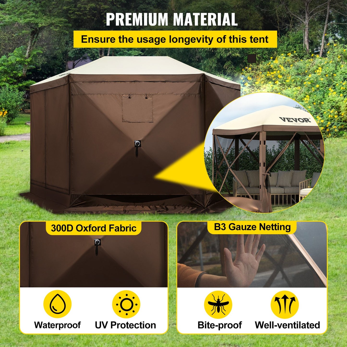 Pop-up Camping Gazebo Camping Canopy Shelter 6-sided 12' x 12' Sun Shade
