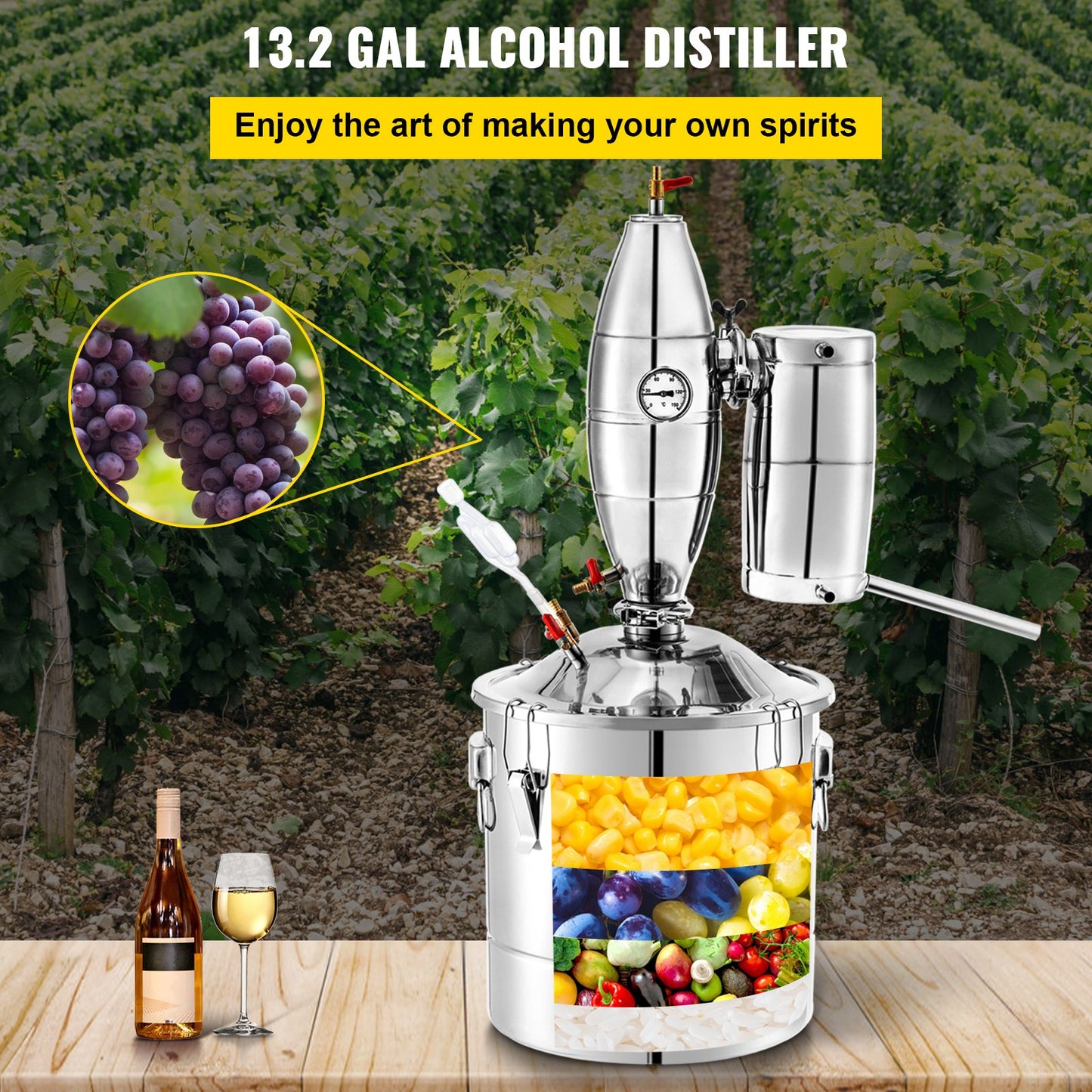 Boiler Rostfritt stål Water Distiller 13,2 Gallon Eterisk Oil Still 50L Distillery Kit Home Moonshine Still med termometer och jäsningstank