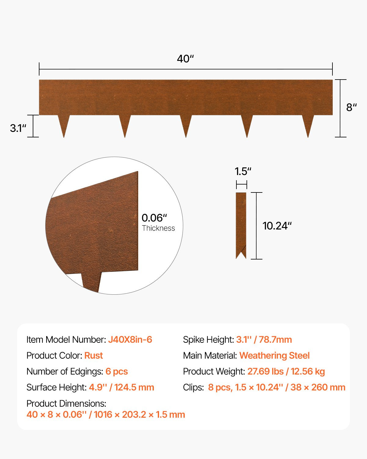 Väderbeständig stållandskapskant 6-pack 40 x 8 tum för Yard Garden