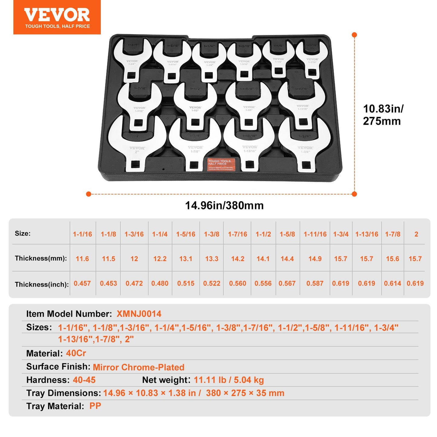 Crowfoot skiftnyckelsats, 1/2" Drive 14-delad SAE (1-1/16" - 2") Crows Foot skiftnyckelsats med förvaringsfack, 40CR-material med laseretsad dimensionering, för mekaniskt underhåll eller reparationer