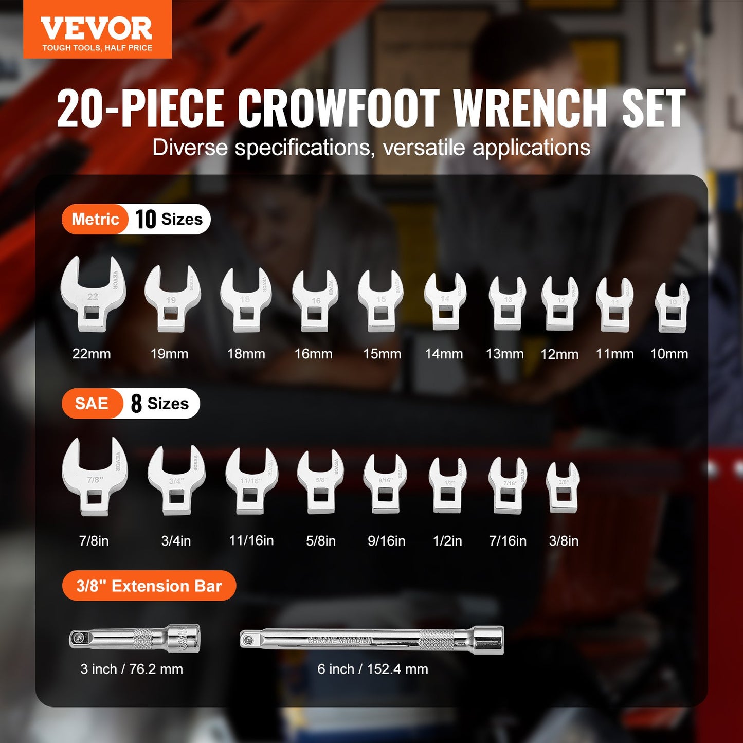 Crowfoot Wrench Set, 3/8" Drive 20-Piece Crowfoot Wrench Set with 2 Extension Bars and EVA Tool Organizer, SAE 3/8"-7/8" and Metric 10-22 mm, 40CR Material with Mirror Chrome Finish