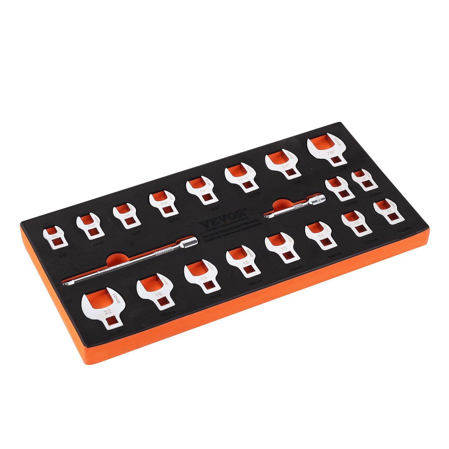 Crowfoot Wrench Set, 3/8" Drive 20-Piece Crowfoot Wrench Set with 2 Extension Bars and EVA Tool Organizer, SAE 3/8"-7/8" and Metric 10-22 mm, 40CR Material with Mirror Chrome Finish