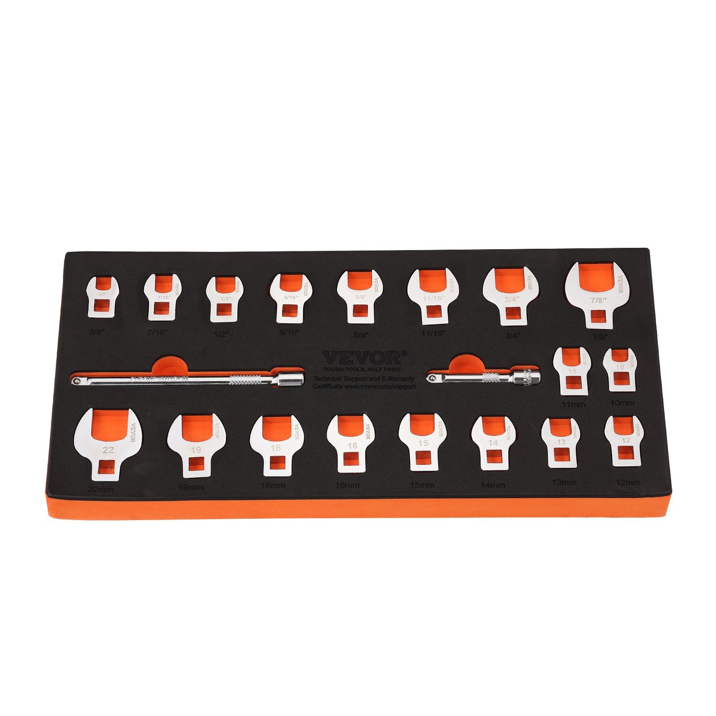 Crowfoot Wrench Set, 3/8" Drive 20-Piece Crowfoot Wrench Set with 2 Extension Bars and EVA Tool Organizer, SAE 3/8"-7/8" and Metric 10-22 mm, 40CR Material with Mirror Chrome Finish
