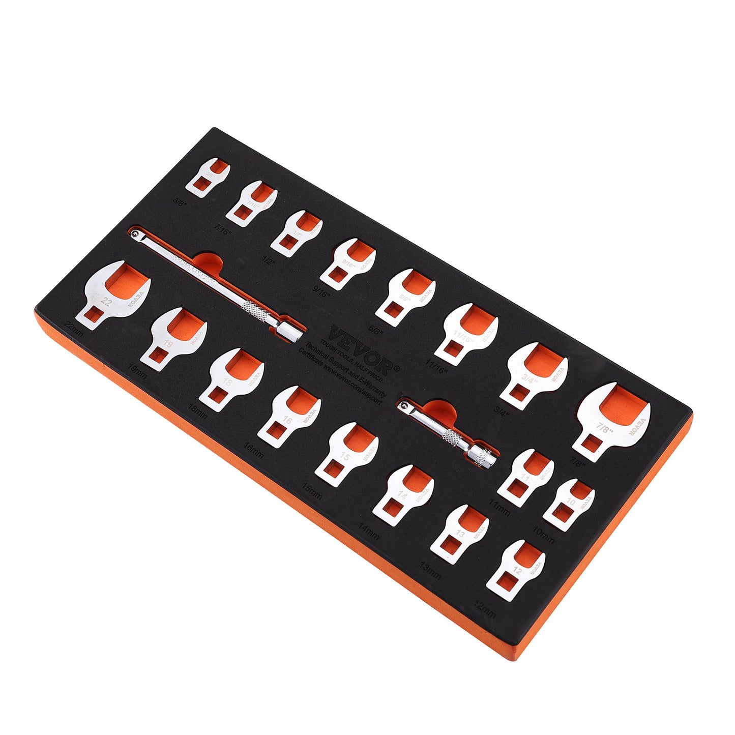 Crowfoot Wrench Set, 3/8" Drive 20-Piece Crowfoot Wrench Set with 2 Extension Bars and EVA Tool Organizer, SAE 3/8"-7/8" and Metric 10-22 mm, 40CR Material with Mirror Chrome Finish