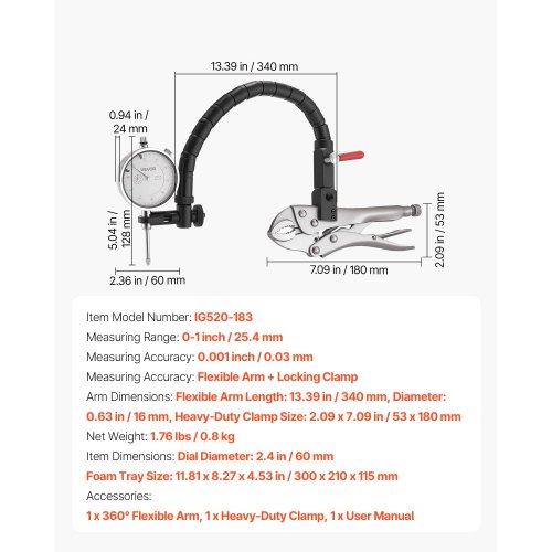Mätklocka med 360° flexibel arm och 360° låstång, 0,03 mm noggrannhet, 0–25,4 mm område, professionell för maskinuppsättning, mätning av smala områden, förvaringsväska | EU