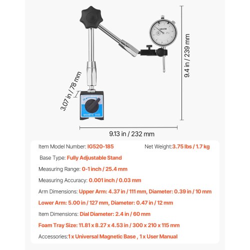 Mätklocka med magnetisk, flexibel bas, 0,03 mm noggrannhet, 0–25,4 mm område, finjusterbar lång arm, professionell för maskinuppsättning, mätning av smala områden, lätt att läsa av | EU