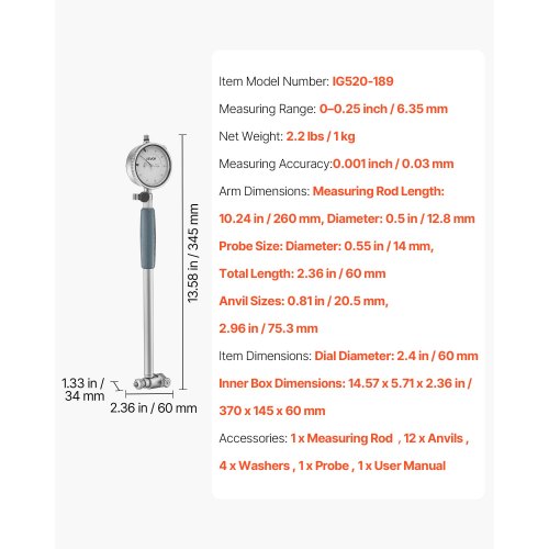 Mätklocka och borrhålsmätverktygssats, mätklocka 0,03 mm noggrannhet, borrhålsområde 50,8–152,4 mm med stång, förvaringsväska, städ för industriella bearbetningsmätningar | EU