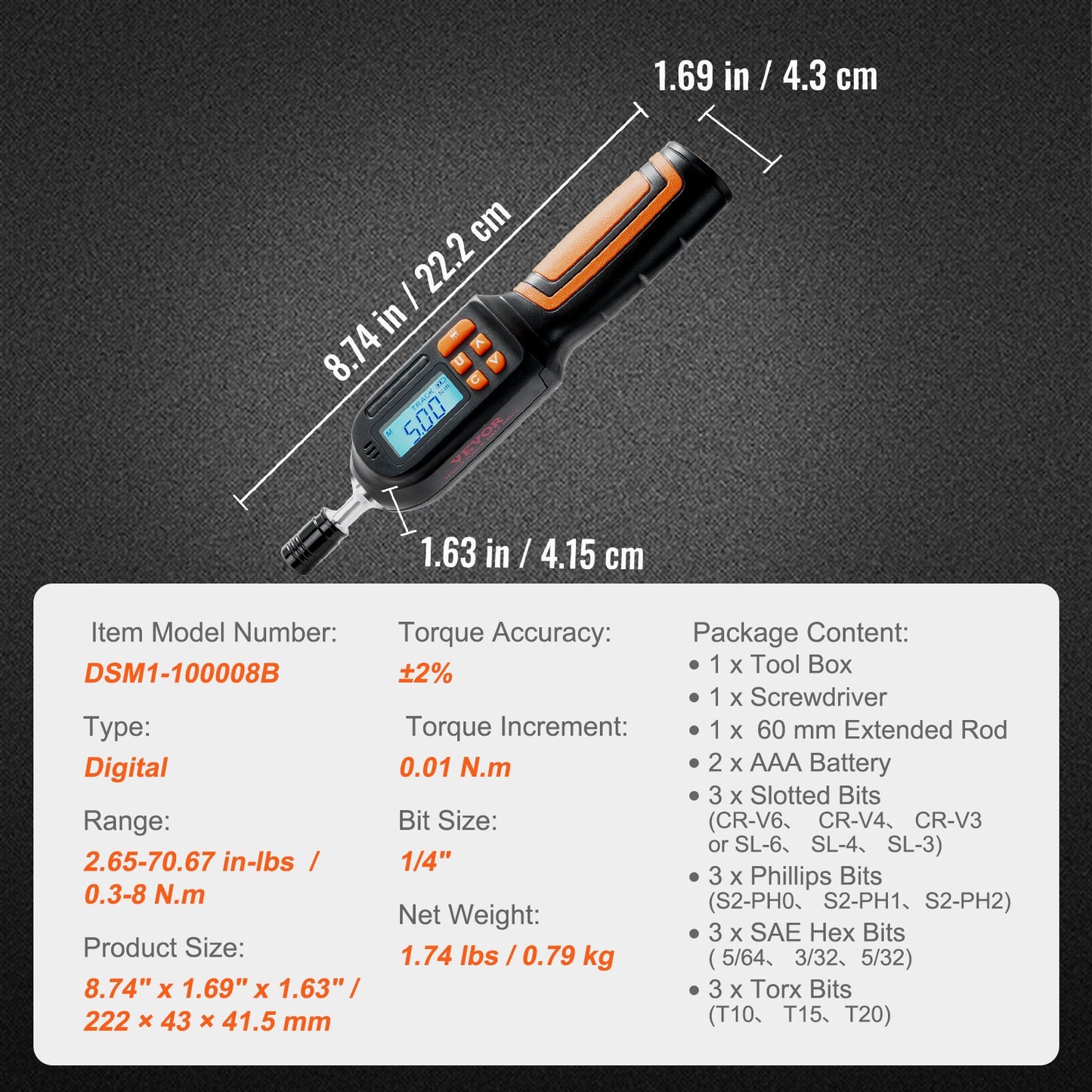 Digital vridmomentskruvmejsel, 1/4" drivskruvmejsel momentnyckel, elektriker momentskruvmejsel med LCD, 2,65-70,67 in-lbs vridmomentområde, 0,01 Nm stegvis vridmomentskruvmejsel med bitar och fodral