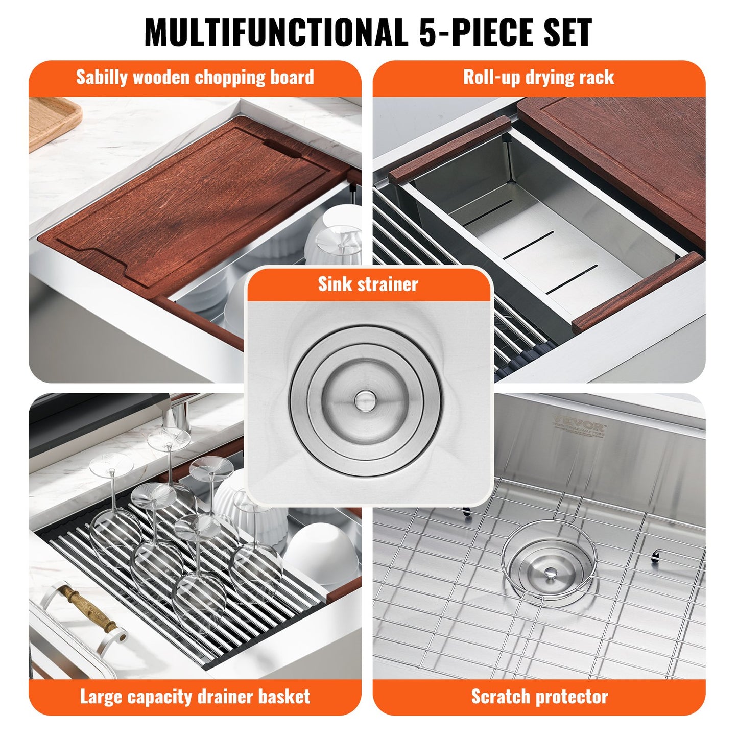 Farmhouse Sink, 304 Stainless Steel Undermount Sinks, Top Mount Single Bowl Sink with Ledge and Accessories, Household Sinks for Workstation, Prep Kitchen and Bar Counter, 36 Inch