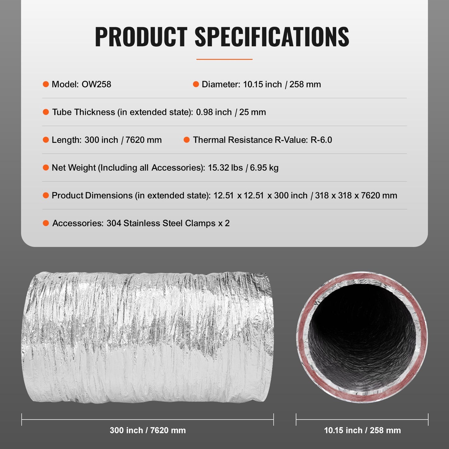 Dryer Vent Hose, 254mm Insulated Flexible Duct 7.62M Long with 2 Duct Clamps, Heavy Duty Three Layer Protection for HVAC Heating Cooling Ventilation and Exhaust, R-6.0 Flame Retardant Rating