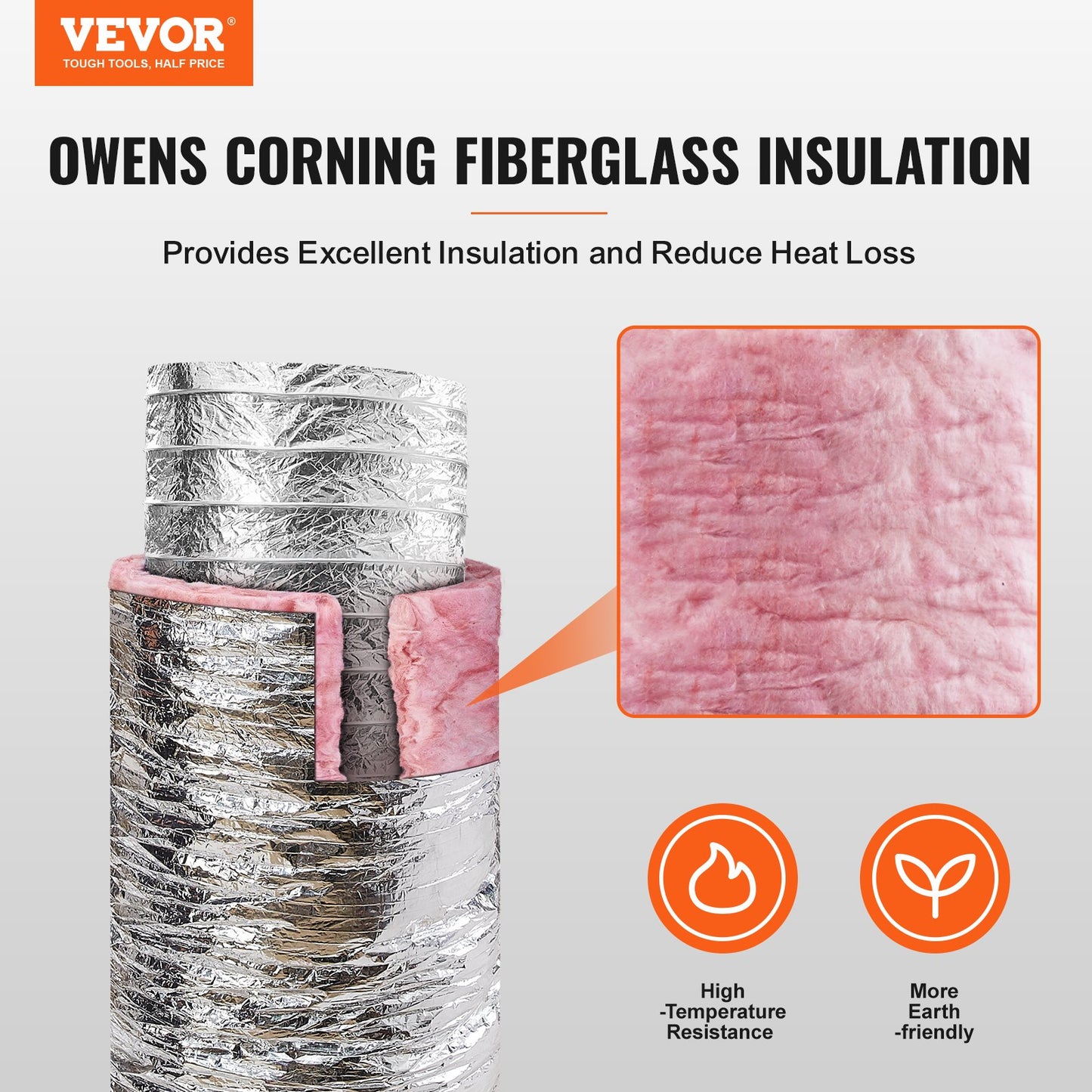 Torkventilationsslang, 203,2 MM isolerad flexibel kanal 7,62 M lång med 2 kanalklämmor, kraftigt trelagersskydd för VVS Värmekylning Ventilation och utblås, R-6.0 Flammotståndsvärde