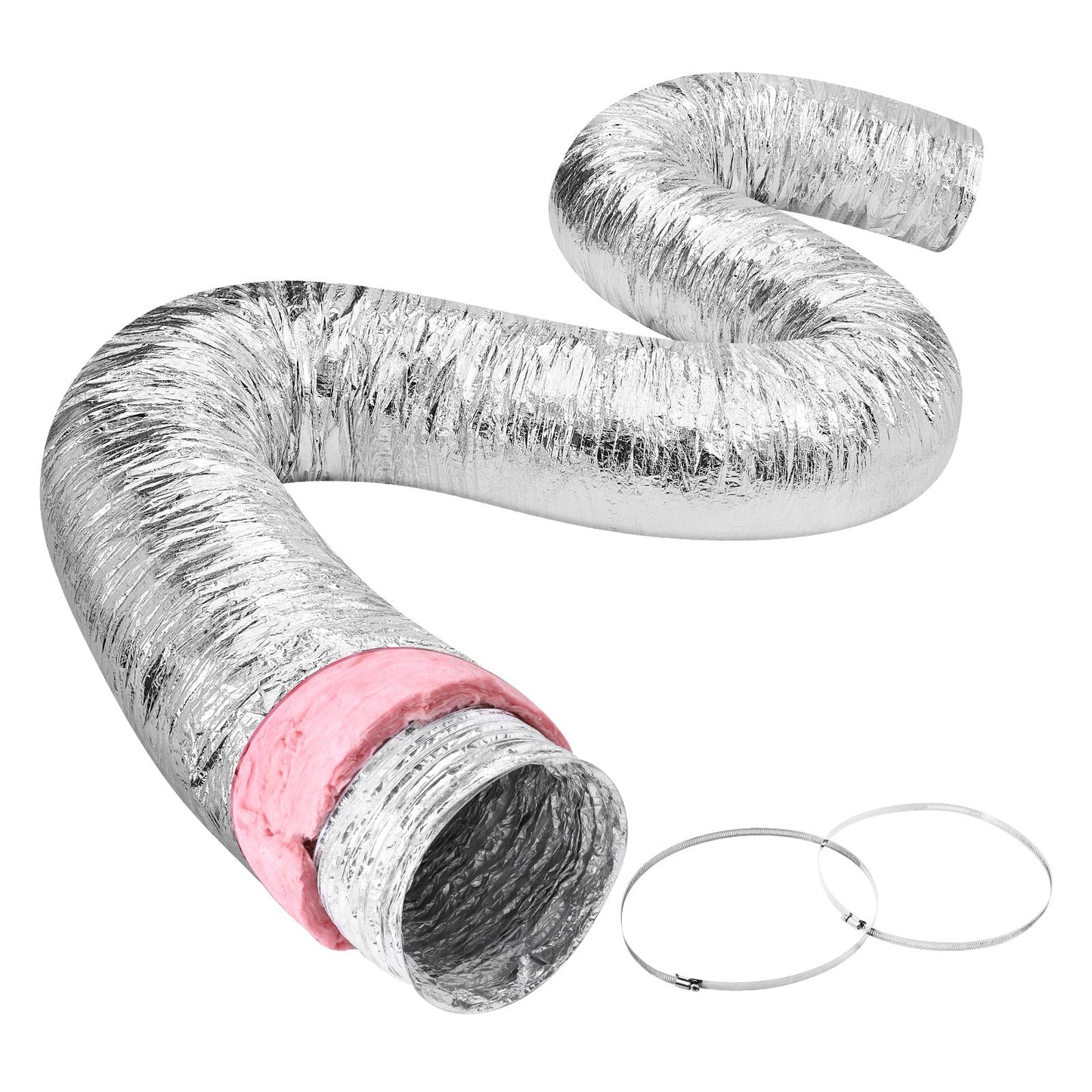 Torkventilationsslang, 203,2 MM isolerad flexibel kanal 7,62 M lång med 2 kanalklämmor, kraftigt trelagersskydd för VVS Värmekylning Ventilation och utblås, R-6.0 Flammotståndsvärde