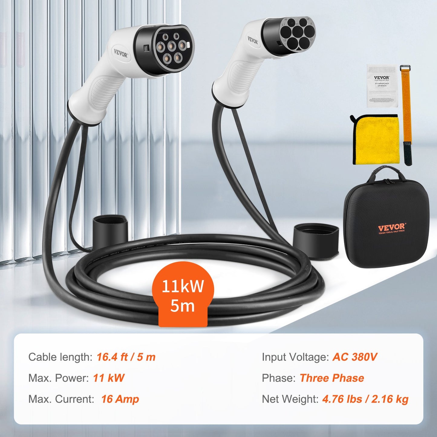 Type 2 to Type 2 EV Charging Cable Electric Vehicle Cable 16A 5m 11kW TPU
