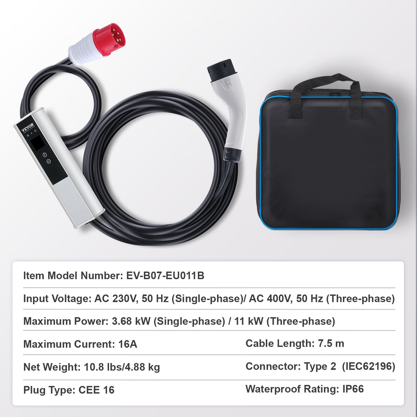 Bärbar EV-laddare Typ 2 EV Laddningskabel 16A CEE 16 7,5 M 230V/400V