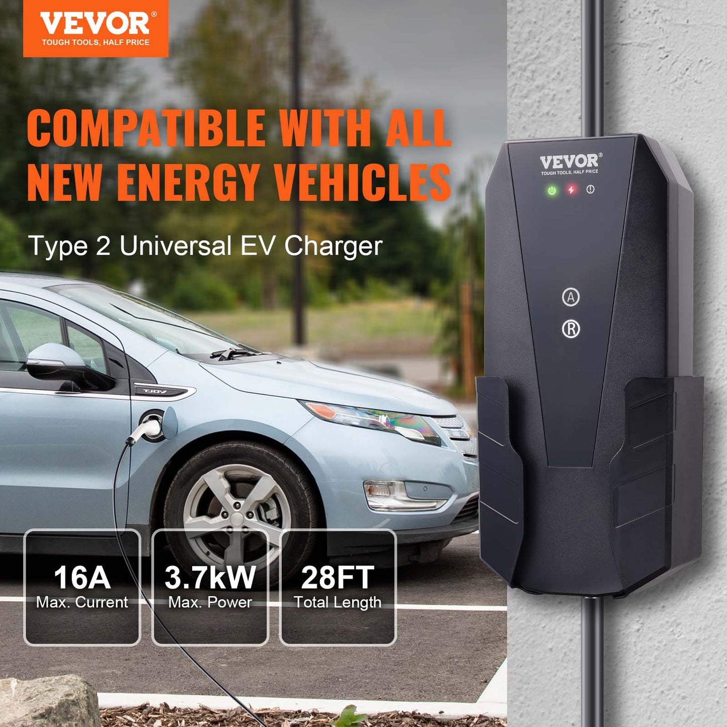 Bärbar elbilsladdare typ 2, 16A 3,7 kW, elbilsladdare med 28 fot laddkabel CEE 7/7-kontakt, IEC 62196 Home EV-laddstation med förvaringsväska Laddkabelkrok, IP66