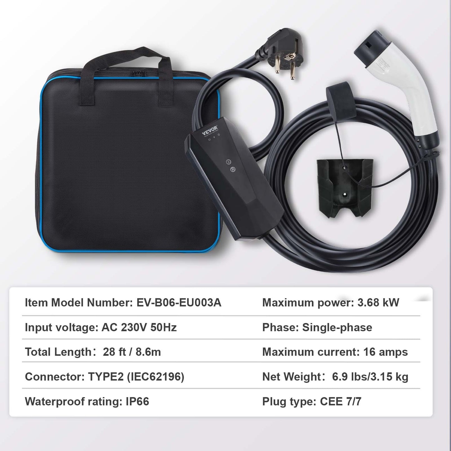 Bärbar elbilsladdare typ 2, 16A 3,7 kW, elbilsladdare med 28 fot laddkabel CEE 7/7-kontakt, IEC 62196 Home EV-laddstation med förvaringsväska Laddkabelkrok, IP66