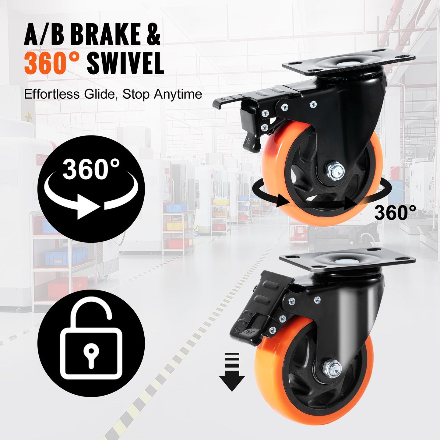 Caster Wheels, 4 Inch Swivel Disc Wheels, Set of 4, with Safety A/B Locking No Noise PVC Wheels, Heavy Duty 350 lbs Load Capacity Per Wheel, Non-Marking Wheels for Workbench Cart Furniture