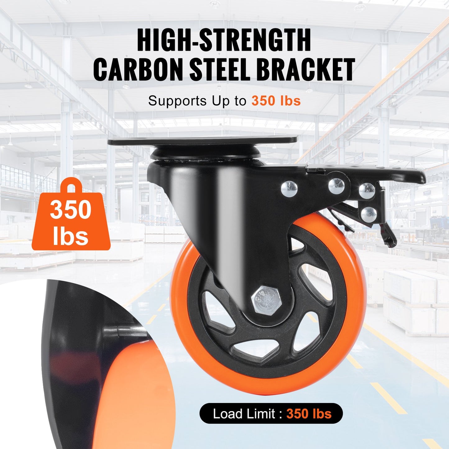 Caster Wheels, 4 Inch Swivel Disc Wheels, Set of 4, with Safety A/B Locking No Noise PVC Wheels, Heavy Duty 350 lbs Load Capacity Per Wheel, Non-Marking Wheels for Workbench Cart Furniture
