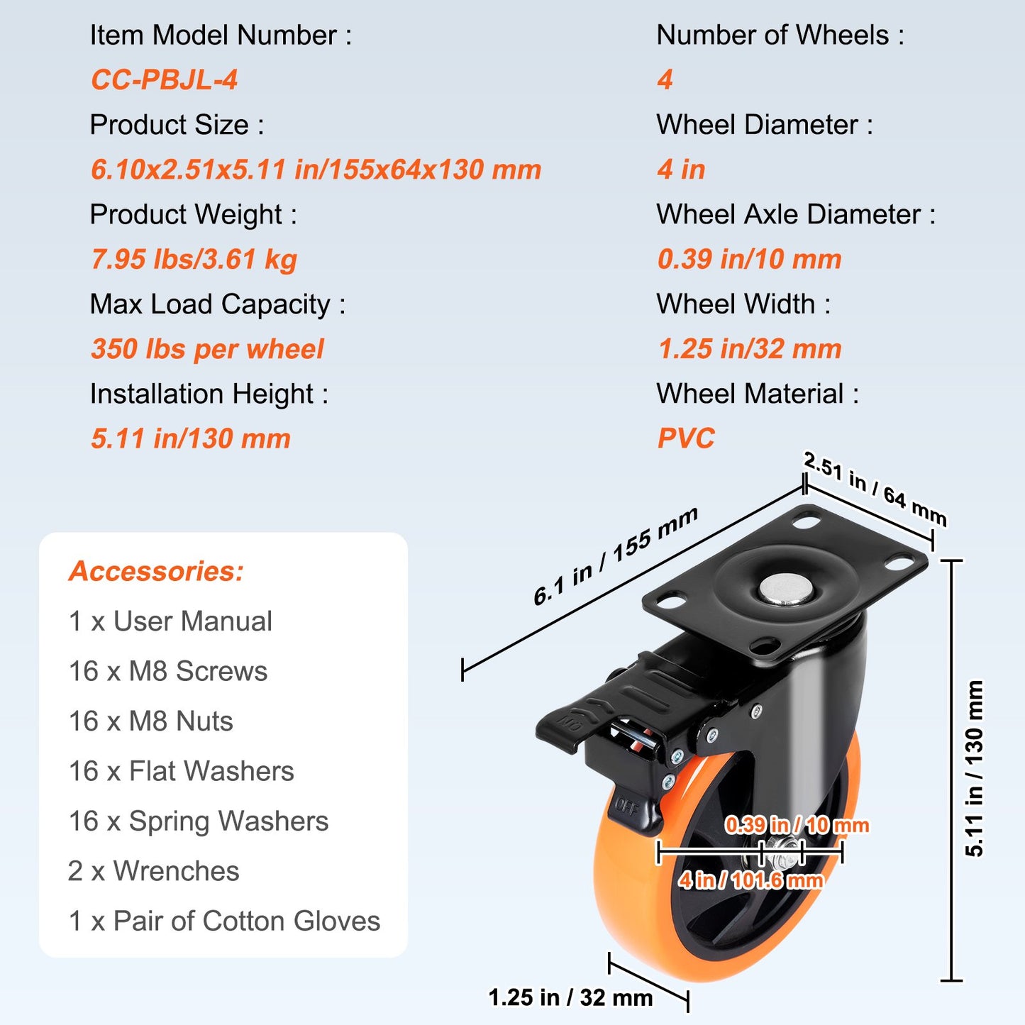Caster Wheels, 4 Inch Swivel Disc Wheels, Set of 4, with Safety A/B Locking No Noise PVC Wheels, Heavy Duty 350 lbs Load Capacity Per Wheel, Non-Marking Wheels for Workbench Cart Furniture