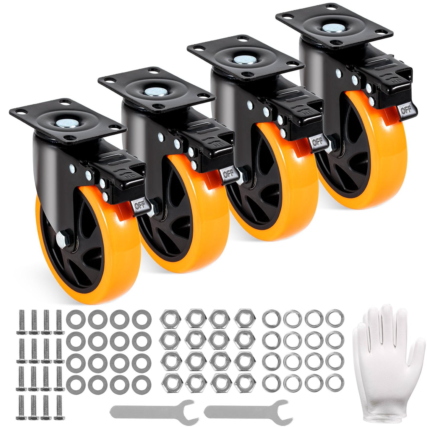 Hjulhjul, 5-tums hjul med svängbara plattor, set om 4, med säkerhets A/B-låsning Inga brus PVC-hjul, Heavy Duty 450 lbs lastkapacitet per hjul, icke-markerande hjul för arbetsbänk för vagnmöbel