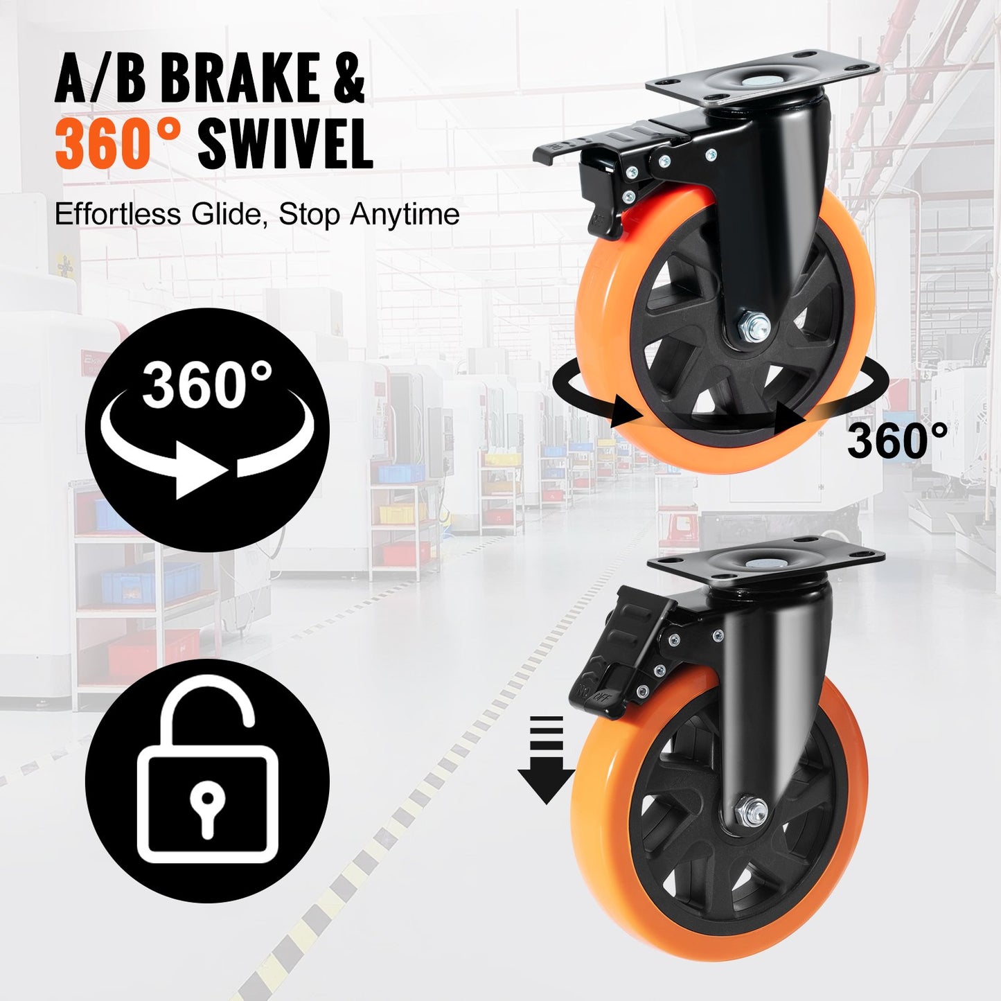 Hjulhjul, 6-tums svängbara skivhjul, set om 4, med säkerhets A/B-låsning Ingen brus PVC-hjul, Heavy Duty 700 lbs lastkapacitet per hjul, icke-markerande hjul för vagnmöbler arbetsbänk
