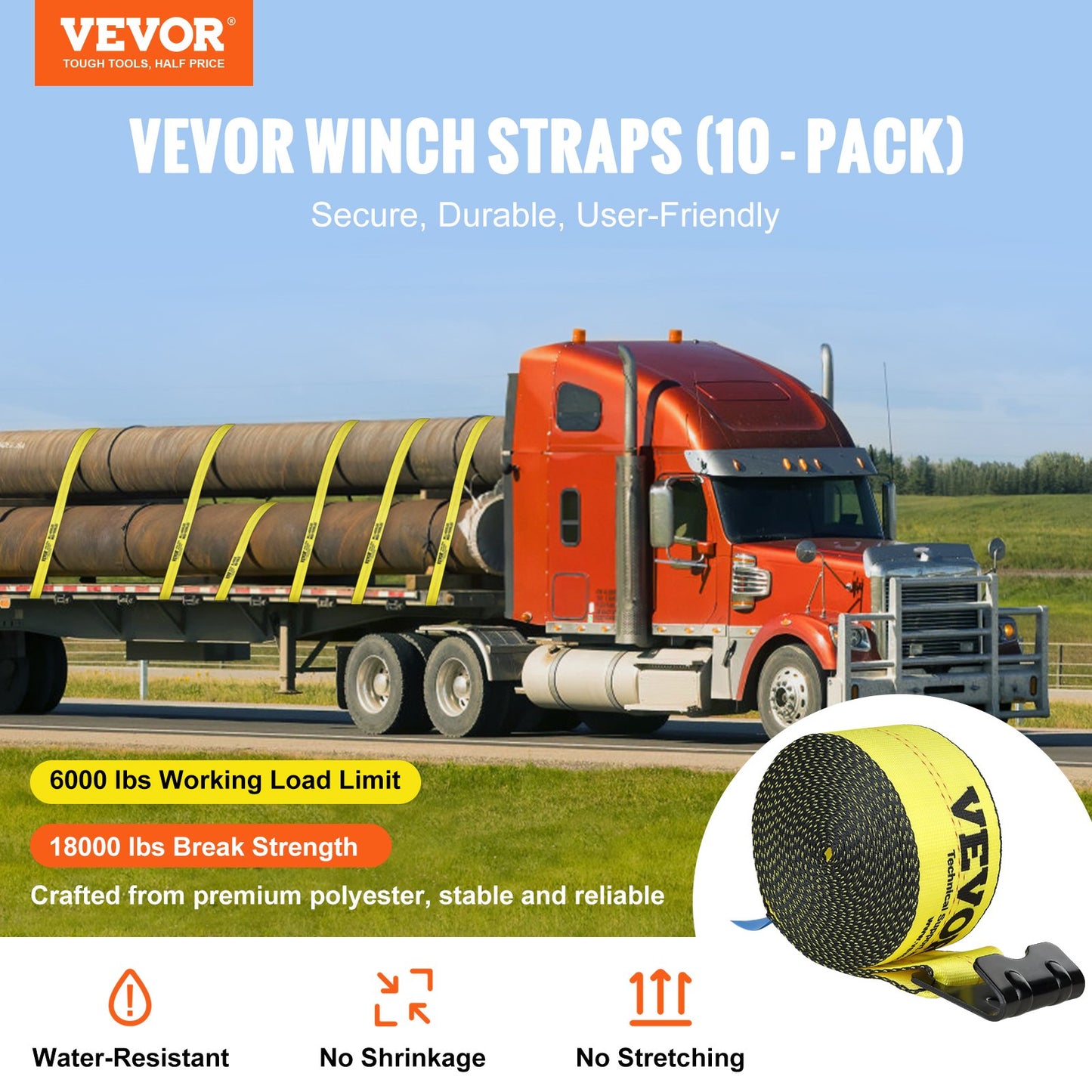 Vinschremmar, 4" x 30', 6000 lbs lastkapacitet, 18000 lbs brottstyrka, lastbilsremmar med platt krok, flatbäddsfäste för lastkontroll för trailers, gårdar, räddningar, trädräddare, gul (10-pack)