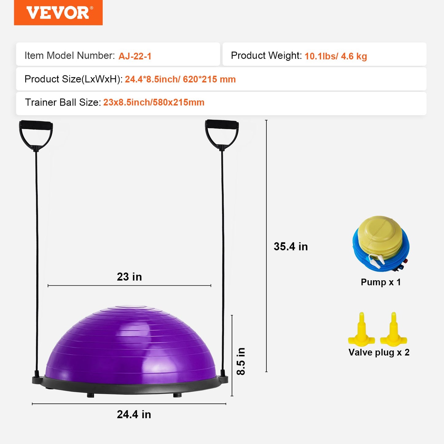 23" Half Exercise Ball Trainer Yoga Balance Stability Ball Resistance Band