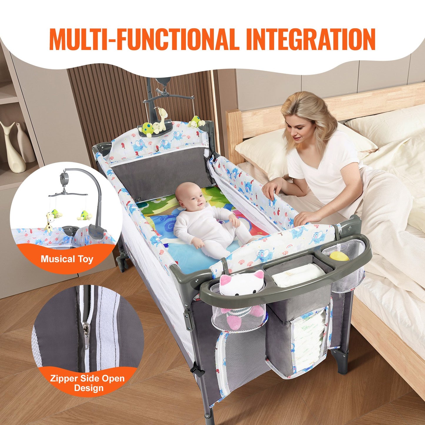 Baby Bassinet, 77 lbs Lastkapacitet, Lätt att vika ihop Bärbar Baby Bassinet Bedside Sleeper med förvaringskorg och hjul, Baby Cradle Bedside Spjälsäng med myggnät för nyfödd flicka pojke