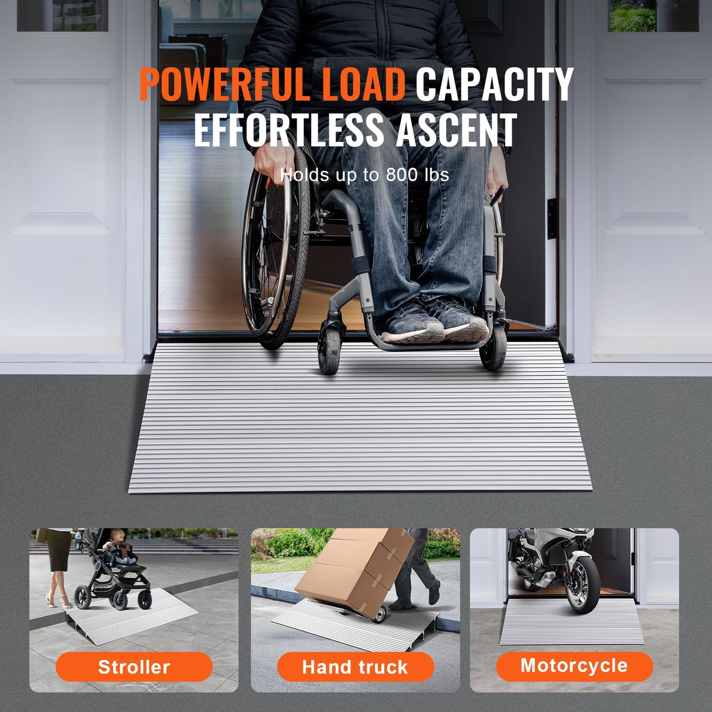 Door Threshold Ramp, 3" Rise, 800 lbs Load Capacity, Wheelchair Door Ramp, Aluminum Threshold Ramp for Doorways, Adjustable Modular Threshold Ramp for Wheelchairs, Scooters, Power Chairs
