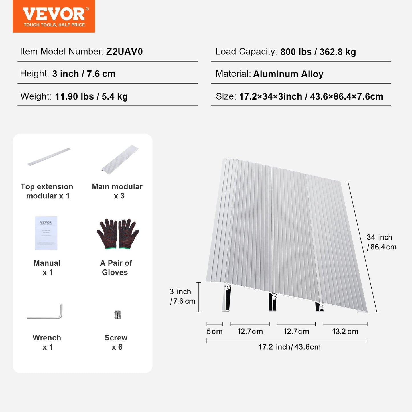 Door Threshold Ramp, 3" Rise, 800 lbs Load Capacity, Wheelchair Door Ramp, Aluminum Threshold Ramp for Doorways, Adjustable Modular Threshold Ramp for Wheelchairs, Scooters, Power Chairs