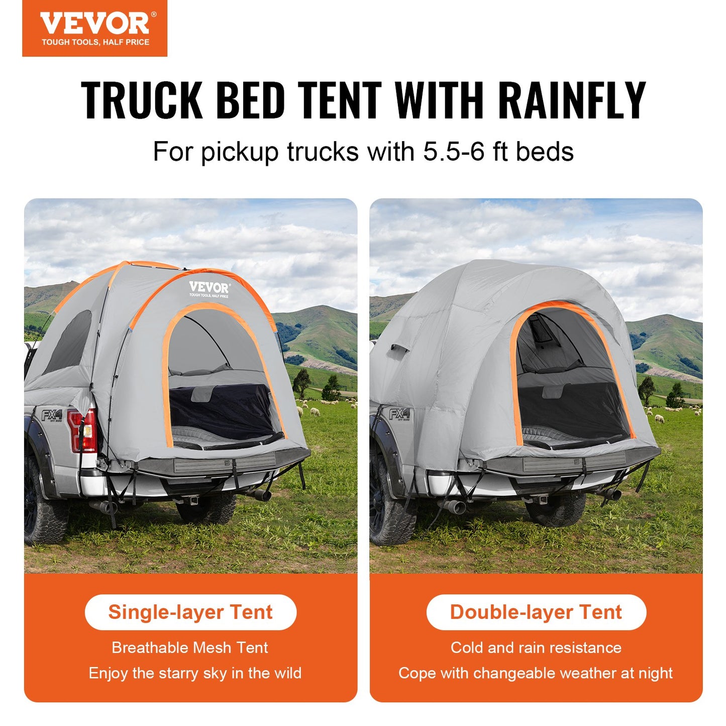 Truck Bed Tält, 5,5'-6' Pickup Truck tält med regnlager och bärväska, vattentätt PU2000mm dubbellager lastbilstält för camping, rymmer 2-3 personer, för campingresor utomhusaktiviteter