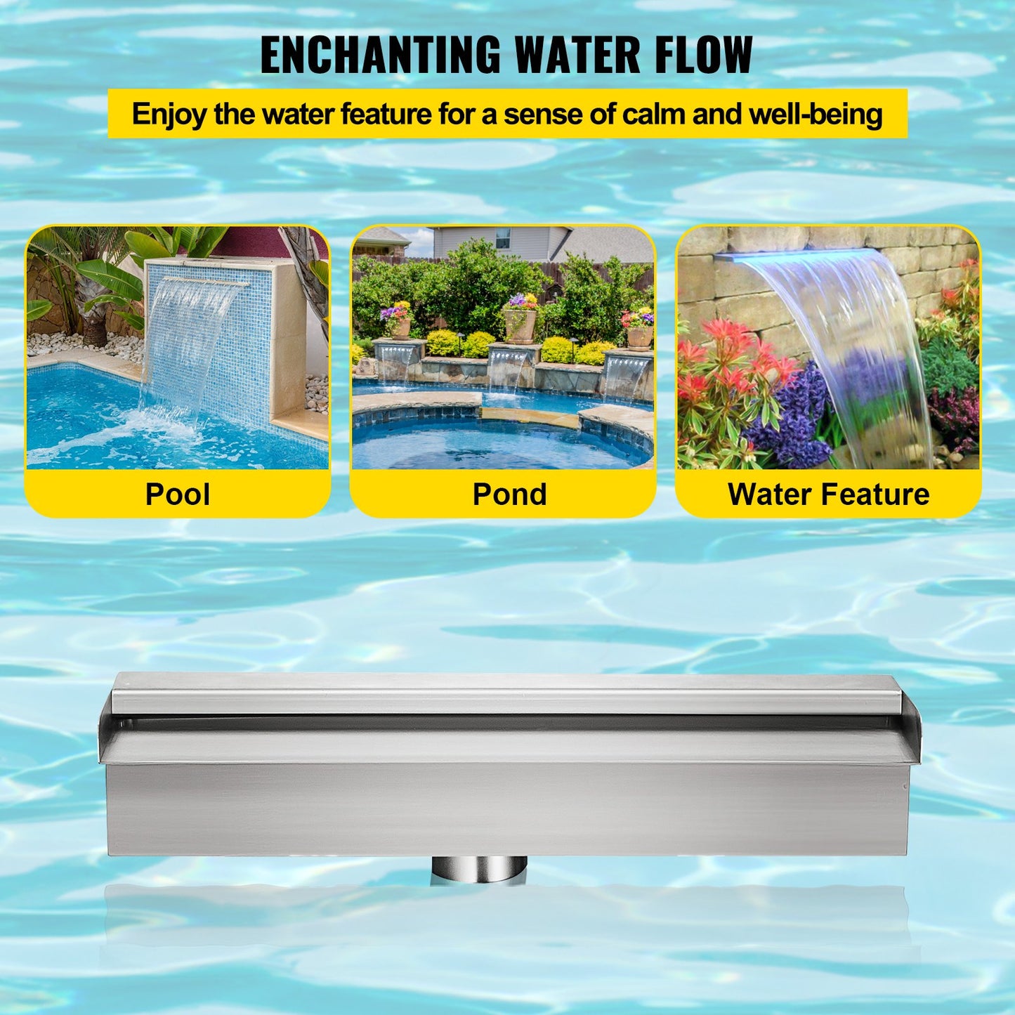 Färgglad LED pool vattenfall spill i rostfritt stål 30x11,5x8 cm