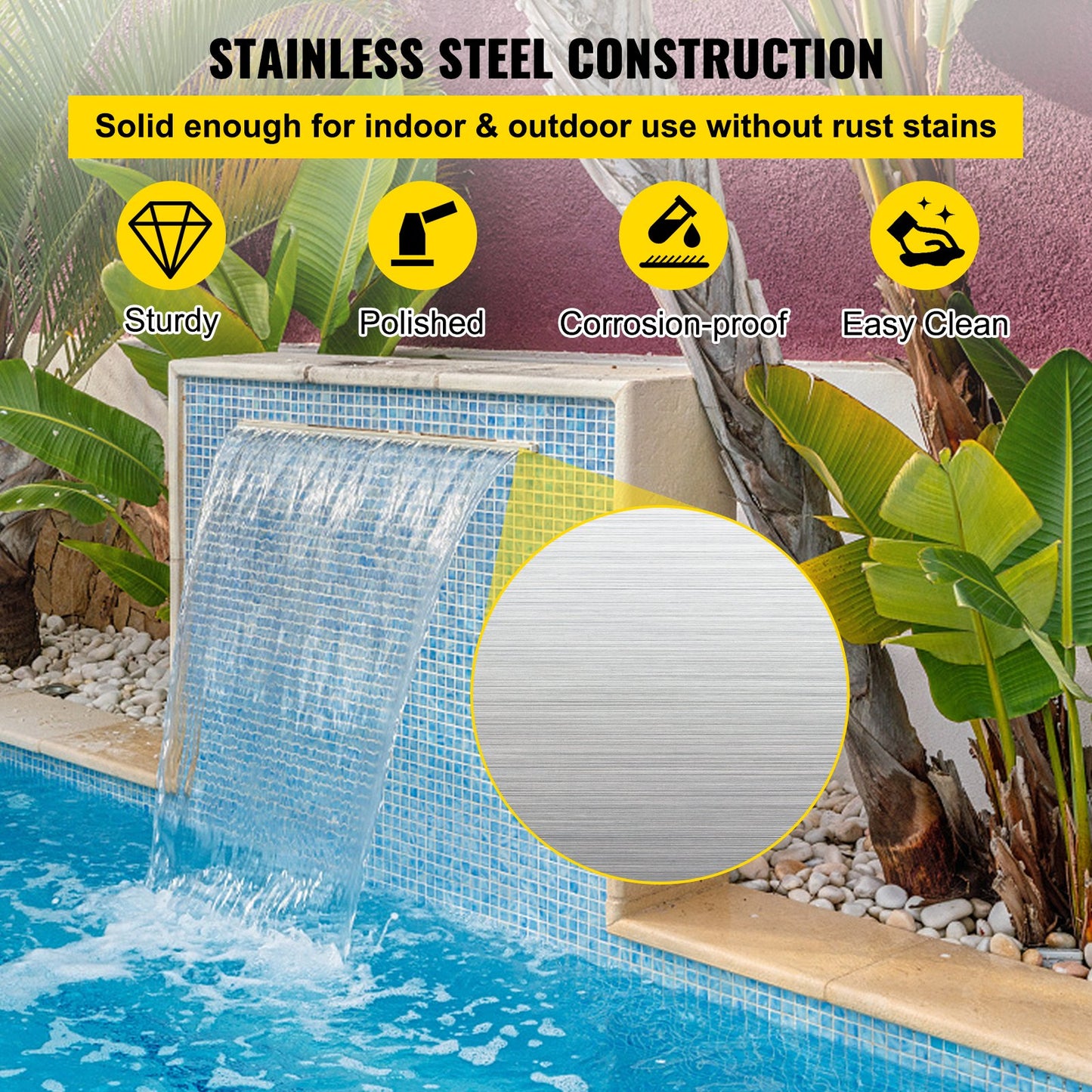 Waterfall blade, 60 cm stainless steel waterfall outlet, rectangular waterfall pool fountain, cascade blade with connection, hose, clamp and PTFE tape, water blade for koi fish pond, water feature